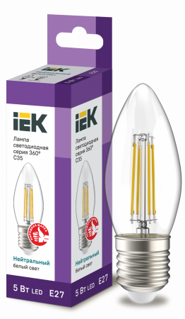 Лампа светодиодная C35 свеча прозрачная 5Вт 230В 4000К E27 серия 360° IEK – №1