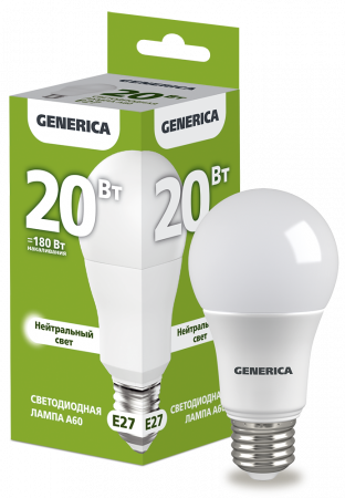 Лампа светодиодная A60 груша 20Вт 230В 4000К E27 GENERICA – №1