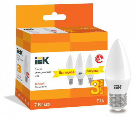 Лампа светодиодная C35 свеча 7Вт 230В 3000К E14 (3шт/упак) IEK – №1